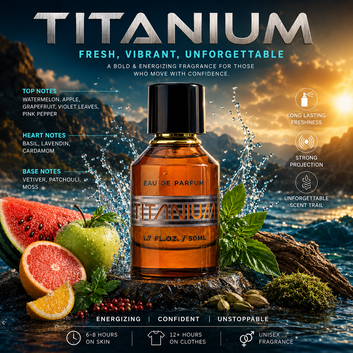 Titanium perfume bottle with scenic background and product details